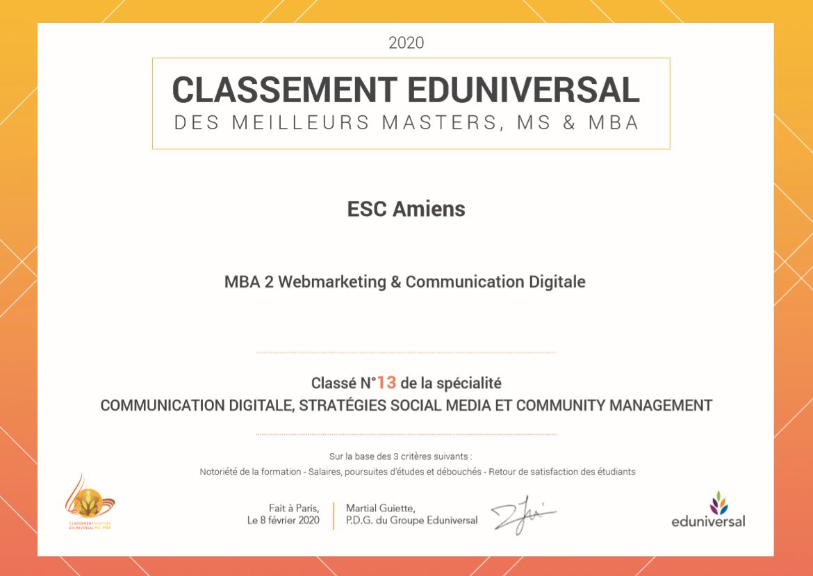 Classement Eduniversal 2020 des MBA de France - École Supérieure de Commerce d'Amiens