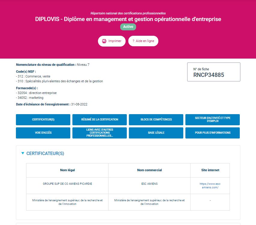 Validation de nos fiches RNCP - École Supérieure de Commerce d'Amiens
